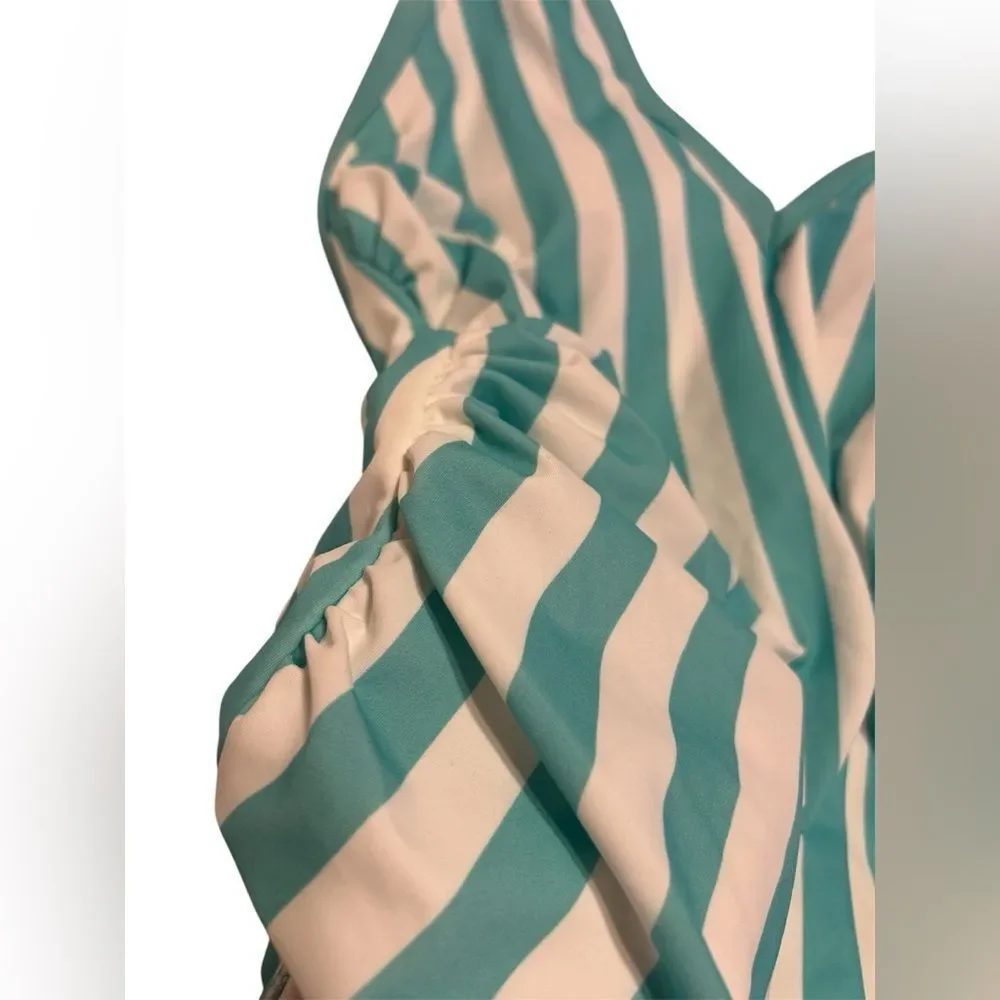 NWT Kona Sol Aqua and White Striped One Piece Swimsuit